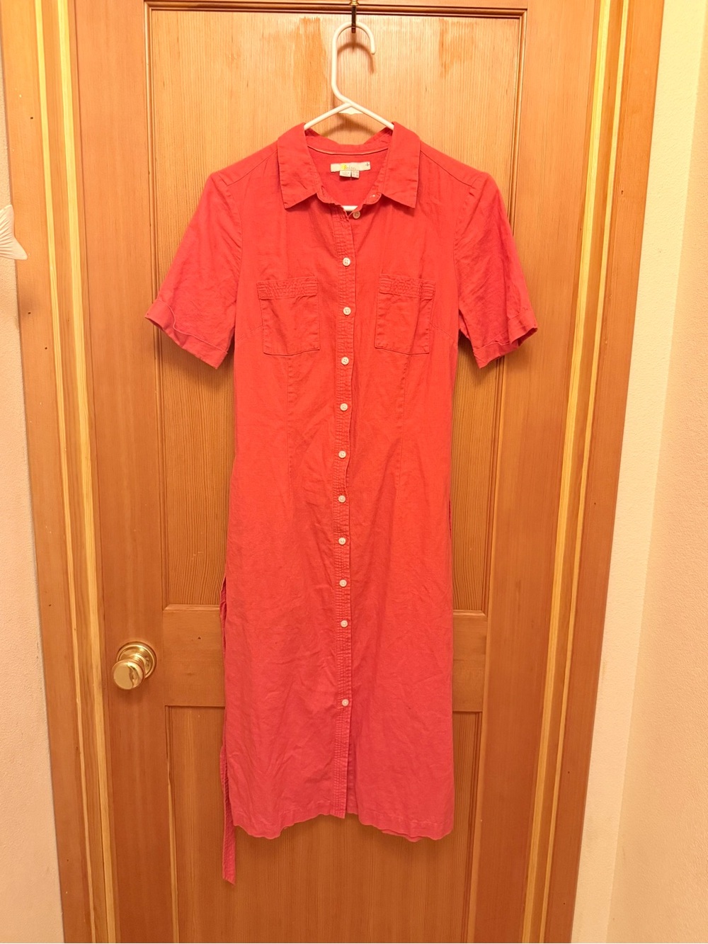 Boden Linen Blend Short Sleeve Button Front Midi Shirt Dress Coral Red US 6R
